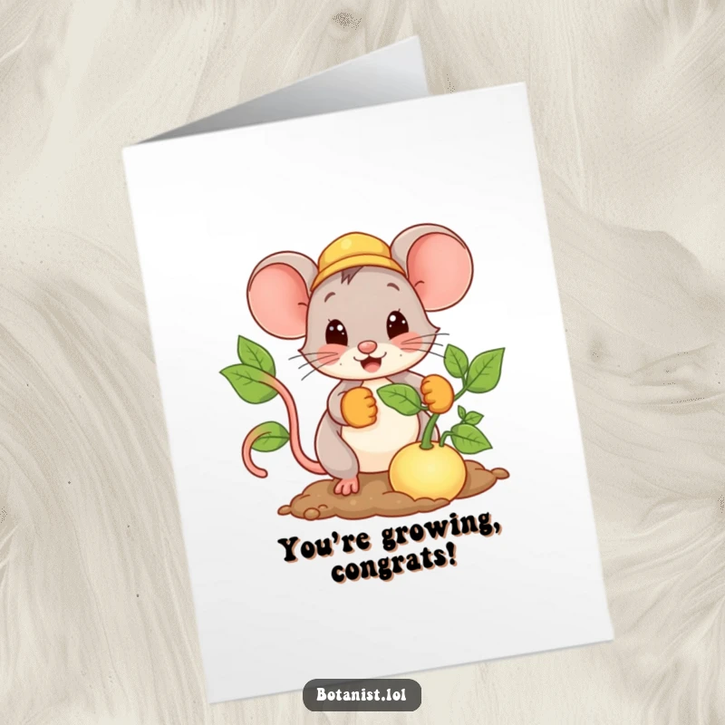 Funny Free Printable Congratulations Card: A cheerful mouse planting a very large seed, symbolizing new ventures.