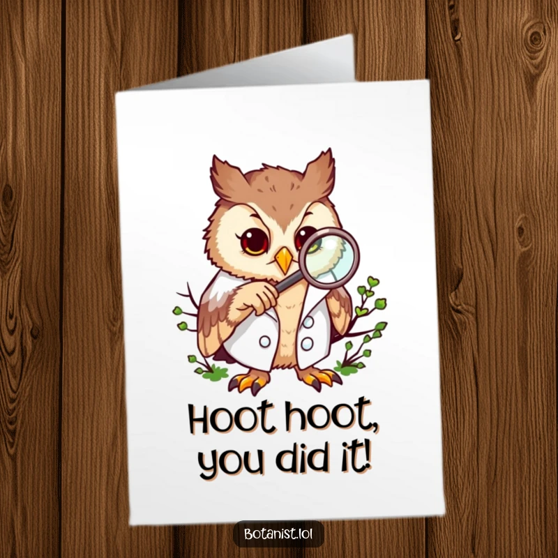 Funny Free Printable Congratulations Card: Owl in lab coat examines moss closely with a magnifying glass, signifying a great discovery.
