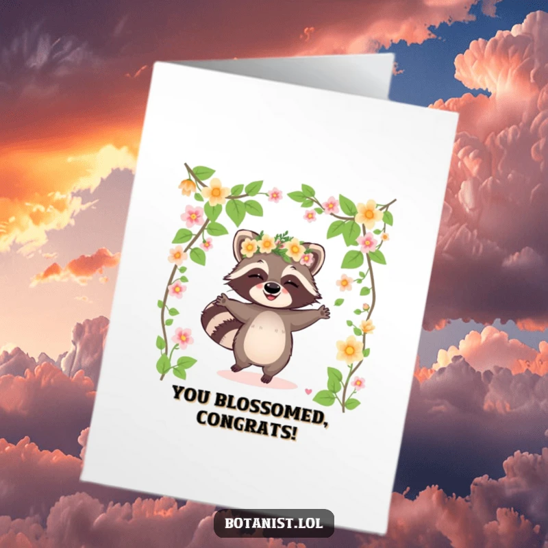 Funny Free Printable Congrats Card: Giggling raccoon in flower crown dancing, celebratory dance, downloadable greeting.