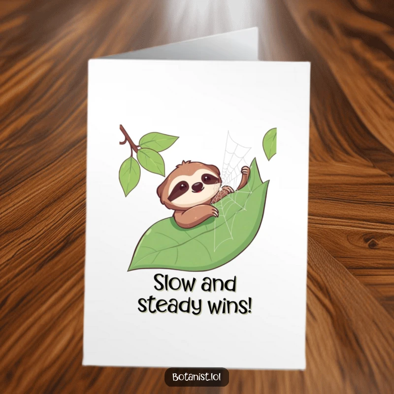 Funny Free Printable Congrats Card: Smiling sloth stroking a spiderweb, congratulations with ease, downloadable greeting.