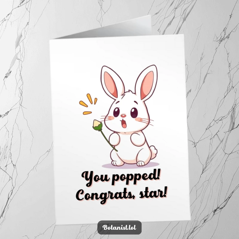 Funny free printable congratulations card featuring a surprised bunny reacting to a seed pod dramatically popping open.