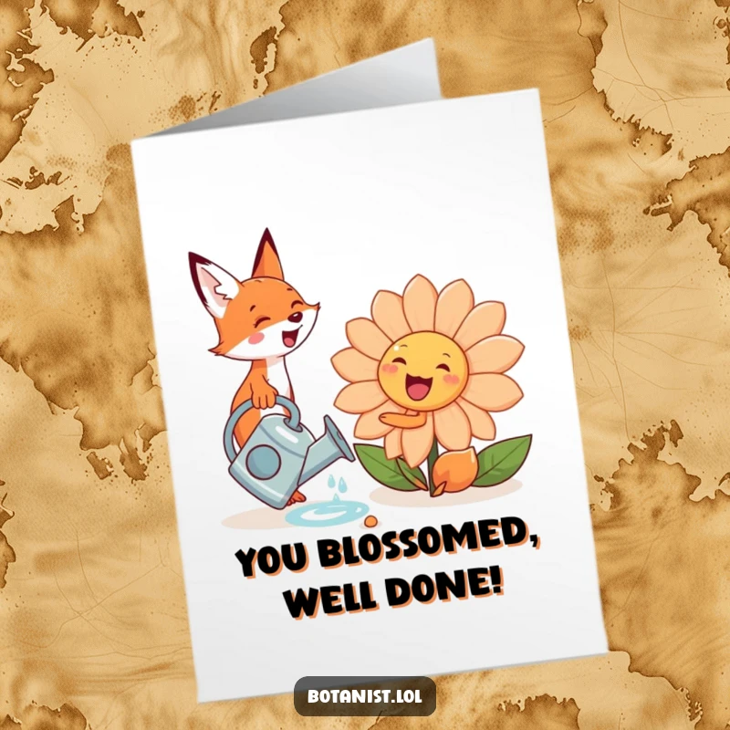 Funny Free Printable Congratulations Card: A cute fox enthusiastically waters a large, smiling flower, symbolizing growth and success.