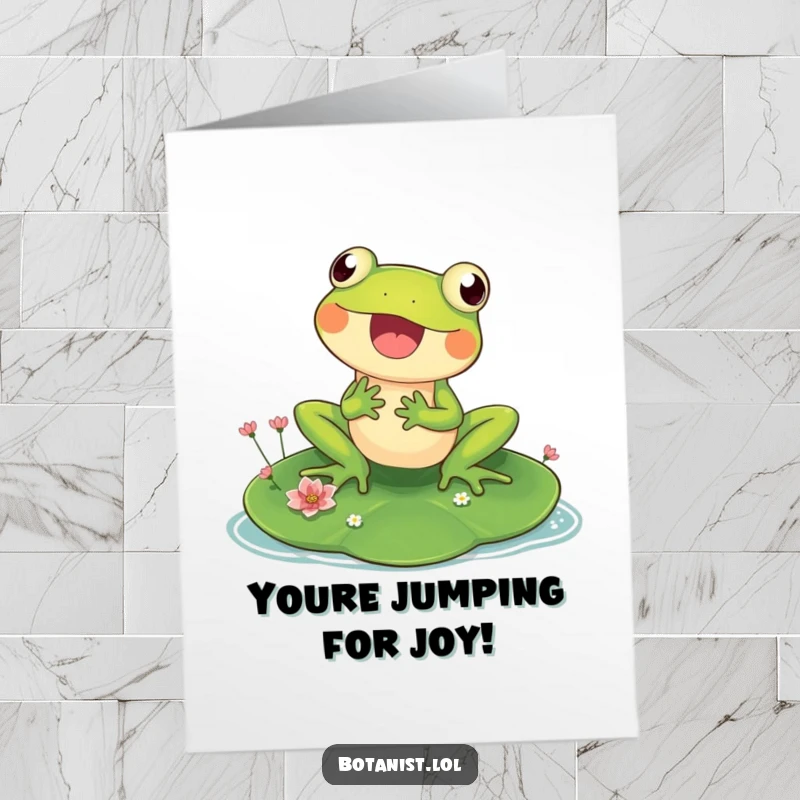 Funny Free Printable Frog Congratulations Card: A happy frog examines tiny flowers, celebrating new achievements with glee.
