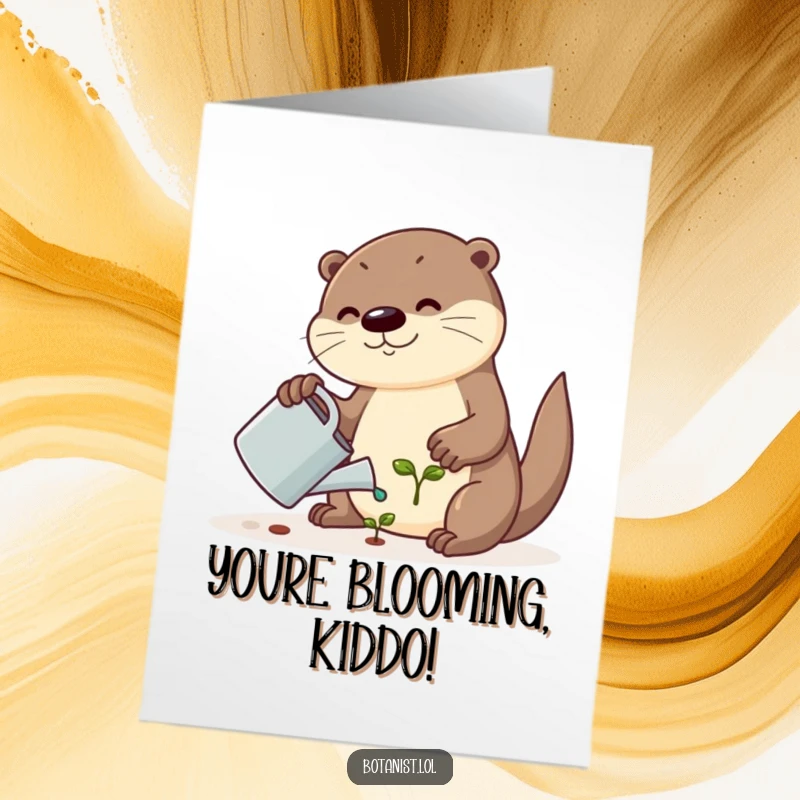 Funny Free Printable Congratulations Card: A cute otter waters a seedling, symbolizing growth and new adventures.