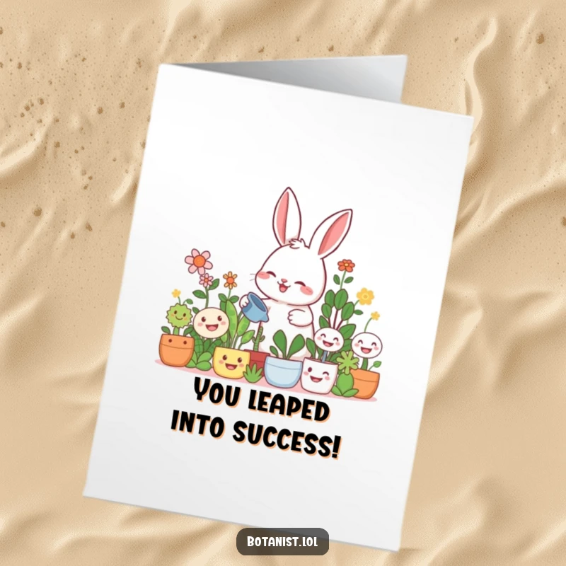 Funny Free Printable Congratulations Card of a giggling rabbit watering large, smiling plants, celebrating achievements.