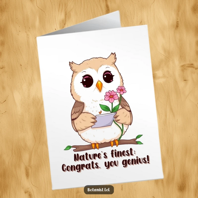 Funny Free Printable Congratulations Card, a curious owl artist intently sketching a beautiful rare flower, perfect for celebrating.