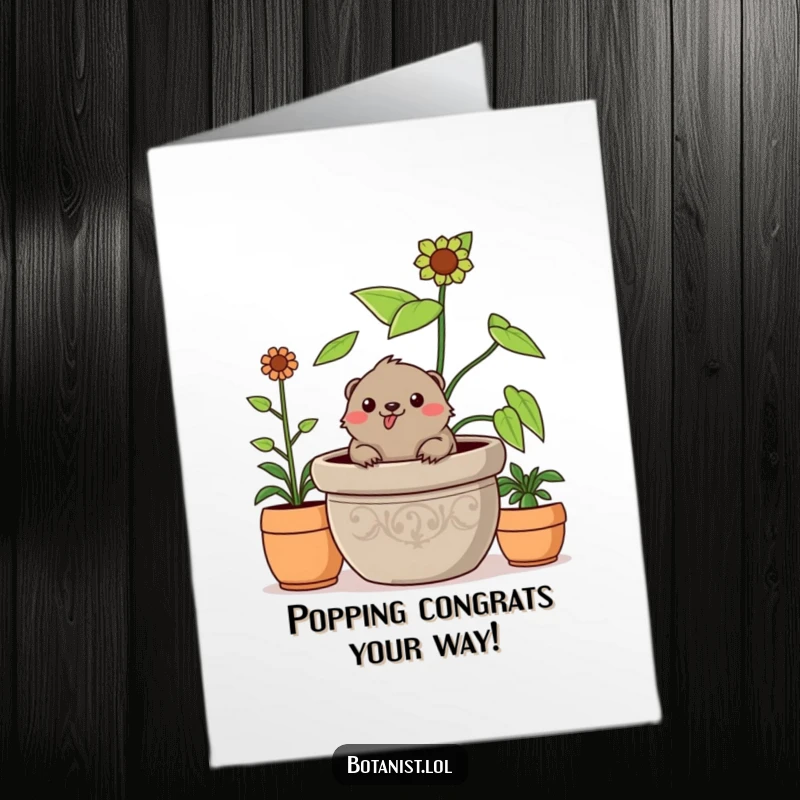 Funny free printable congratulations card featuring a cheerful mole emerging from a large plant, celebrating success.
