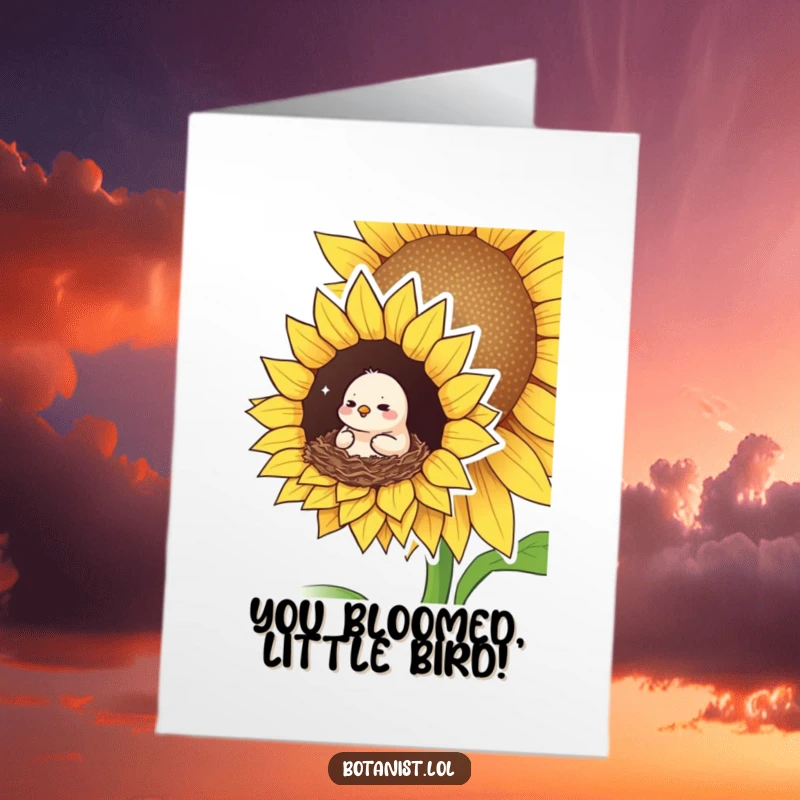 Funny Free Printable Congratulations card: A cozy bird looks pleased while nestled securely within a giant sunflower.