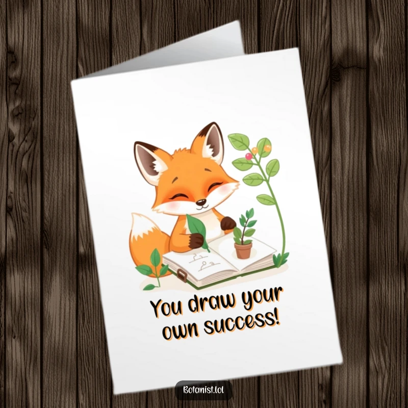 Funny Free Printable Congrats Card: A joyful fox artist uses a leaf as a pencil to sketch plants in a notebook, congratulating their talent.