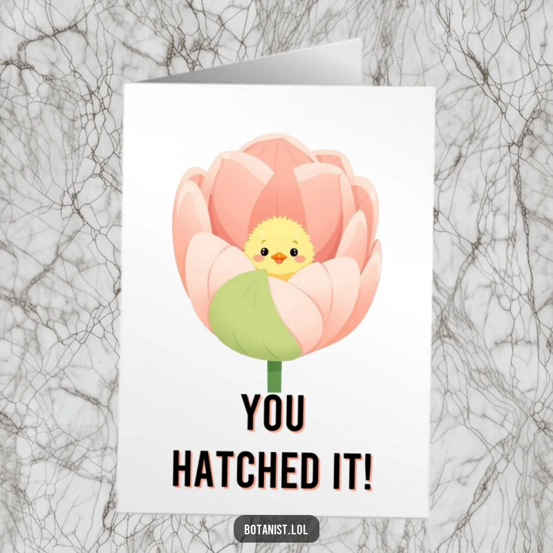 Funny Free Printable Congratulations Card: A small fluffy chick emerging from a huge, blooming tulip, eyes full of playful curiosity. Perfect DIY.