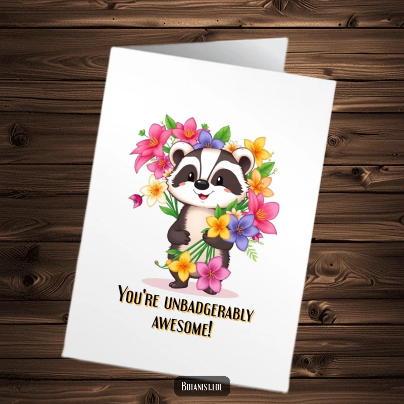 Funny free printable congratulations card showing a happy badger with a huge bouquet of exotic flowers, celebrating success.
