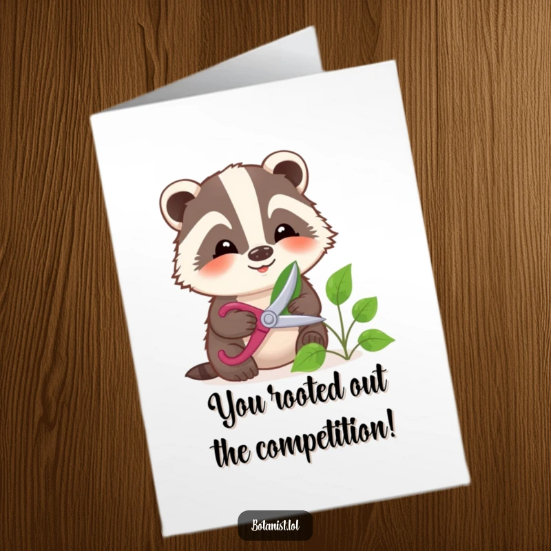 Funny Free Printable Congratulations Card: A smiling badger meticulously prunes a leaf with shears, symbolizing careful success.