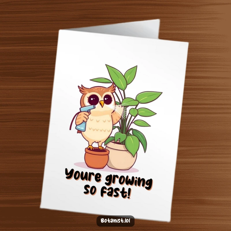 Funny Free Printable Congratulations Card: Curious owl giving a giant plant a refreshing mist, symbolizing growth and success.