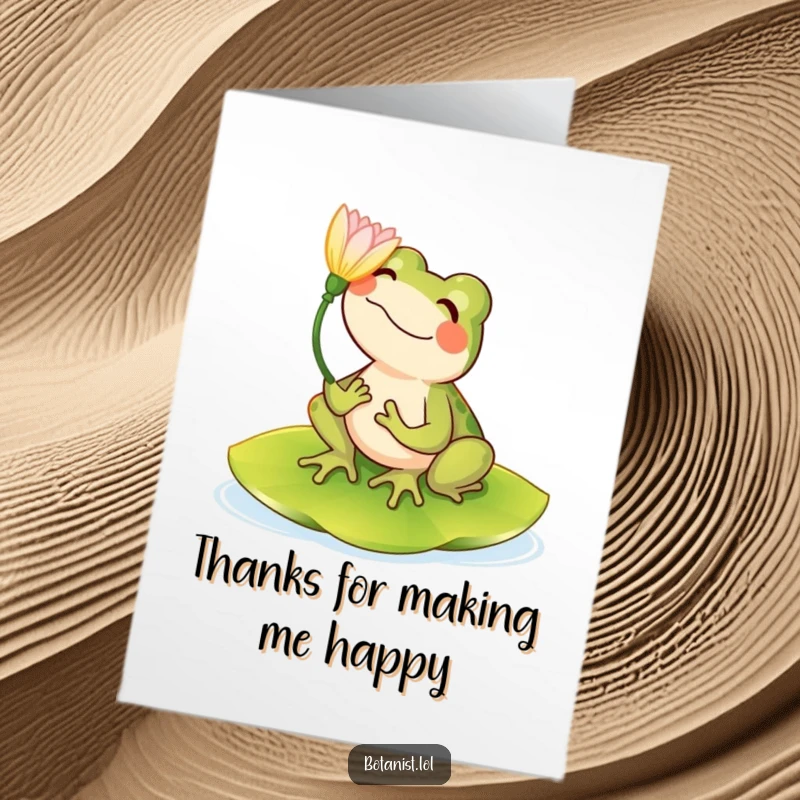 Funny Free Printable Thank You Card: A happy frog relaxing on a lily pad, admiring a beautiful flower.