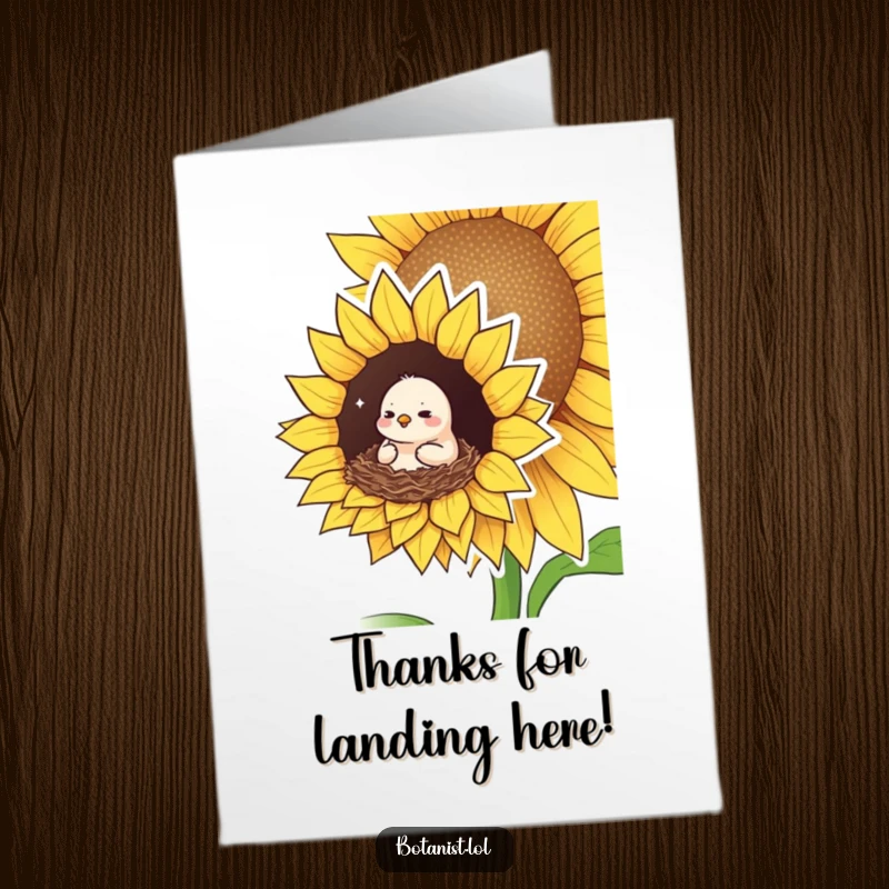 Funny Free Printable Thank You card: A small bird looks pleased and cozy nestled within the large petals of a sunflower.