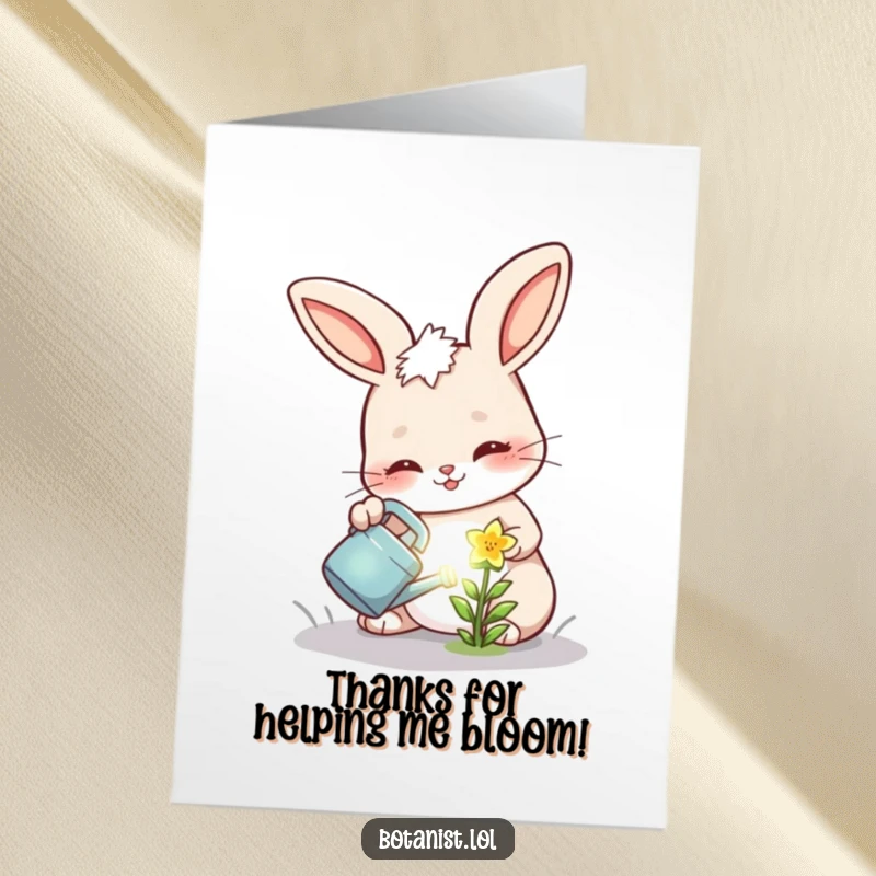 Funny Free Printable Thank You Card: Cheerful bunny determinedly watering a tiny, glowing flower, offering bright thanks.