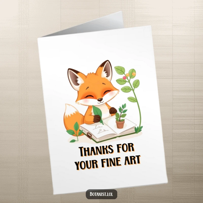 Funny Free Printable Thank You Card: A happy fox diligently sketches plants in a sketchbook, using a fallen leaf as its drawing tool.