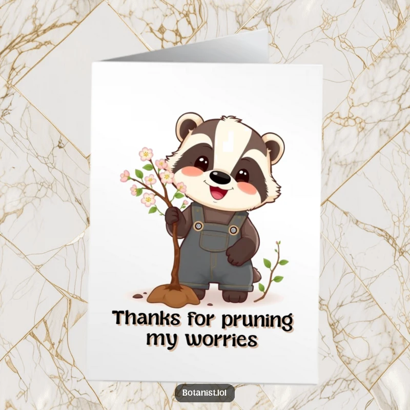Funny Free Printable Thank You Card: A happy badger pruning a tree, expressing gratitude humorously.