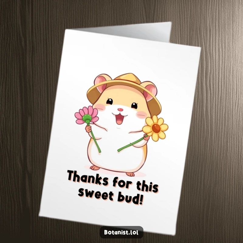 Funny Free Printable Thank You card: A chubby hamster in a straw hat proudly presents a vibrant, blooming flower.