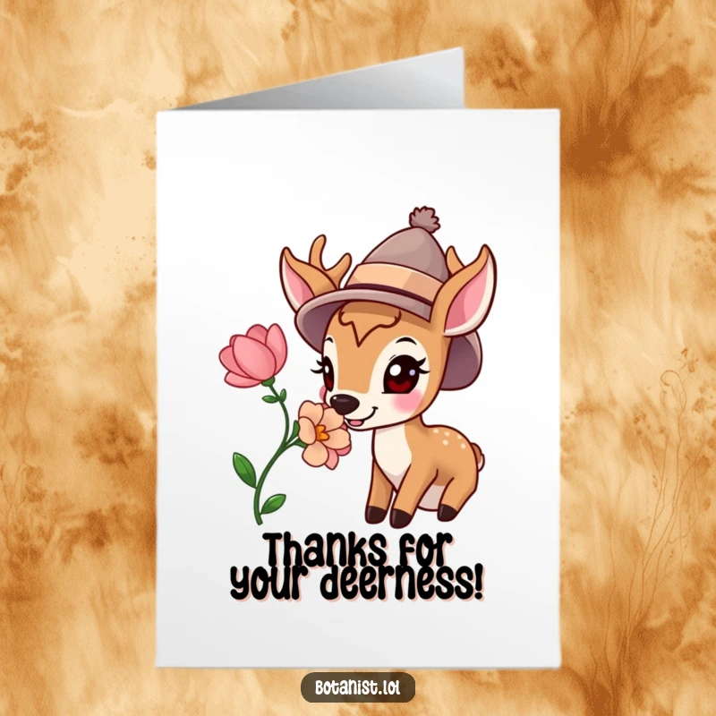 Funny Free Printable Thank You Card: A deer wearing a hat happily sniffs a brilliant flower, conveying thanks.