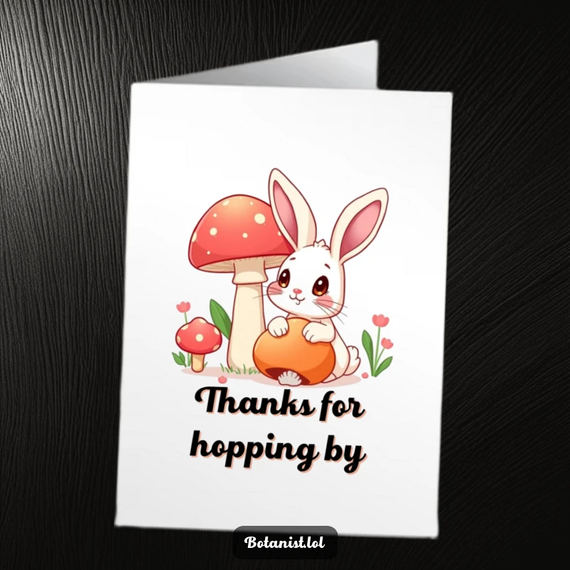 Funny Free Printable Thank You Card: A rabbit stares in amazement at a large, brightly colored mushroom, a whimsical way to say thank you.