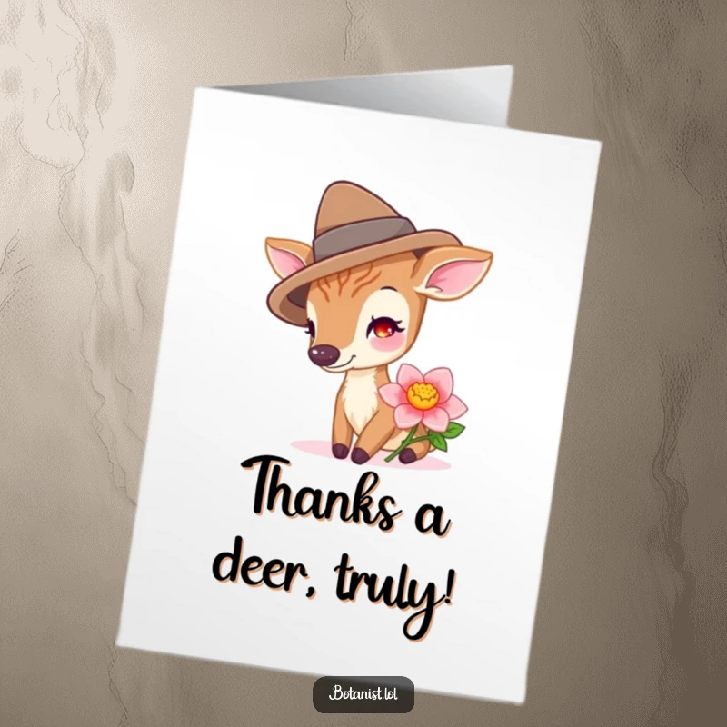 Funny Free Printable Thank You Card: A happy deer in a hat lovingly sniffs a vibrant flower bloom.