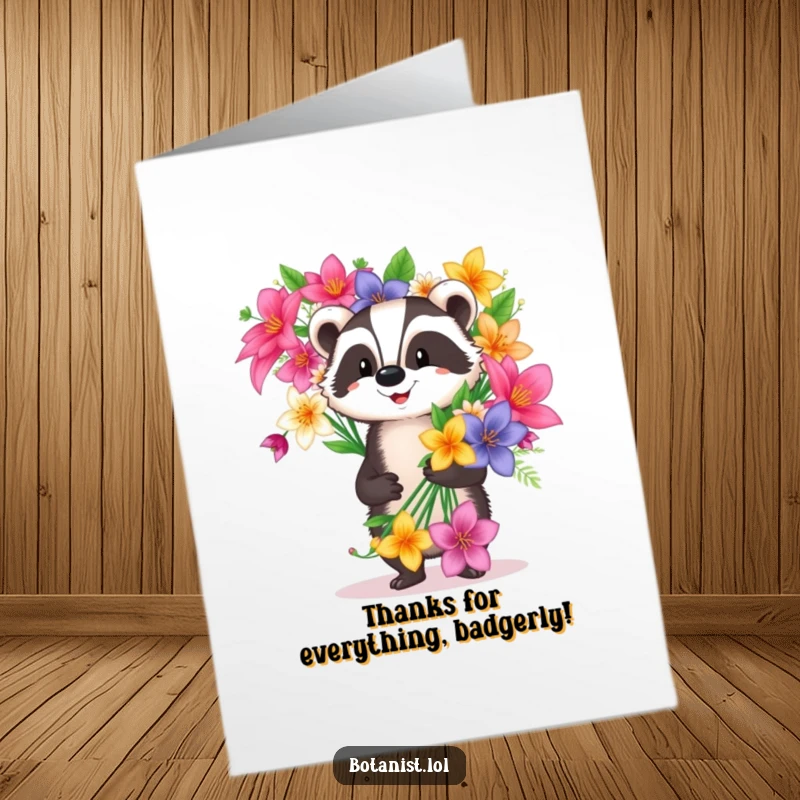 Funny free printable thank you card of a happy badger with a large bouquet of exotic flowers, expressing gratitude.
