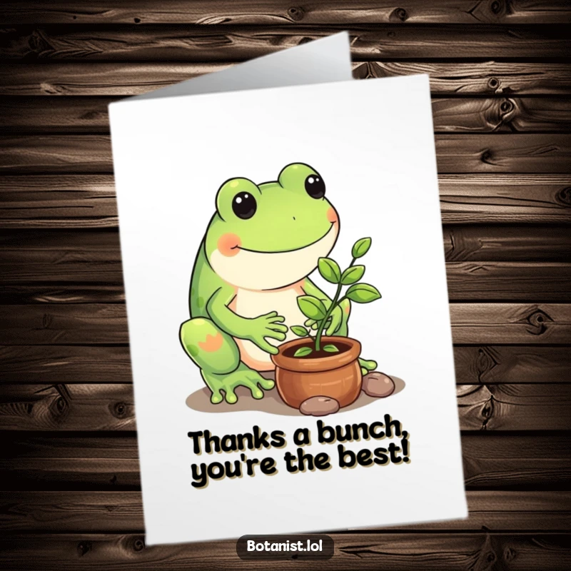 Funny Free Printable Thank You Card: A playful frog carefully waters a tiny potted sapling, expressing thanks with a nurturing and charming gesture.