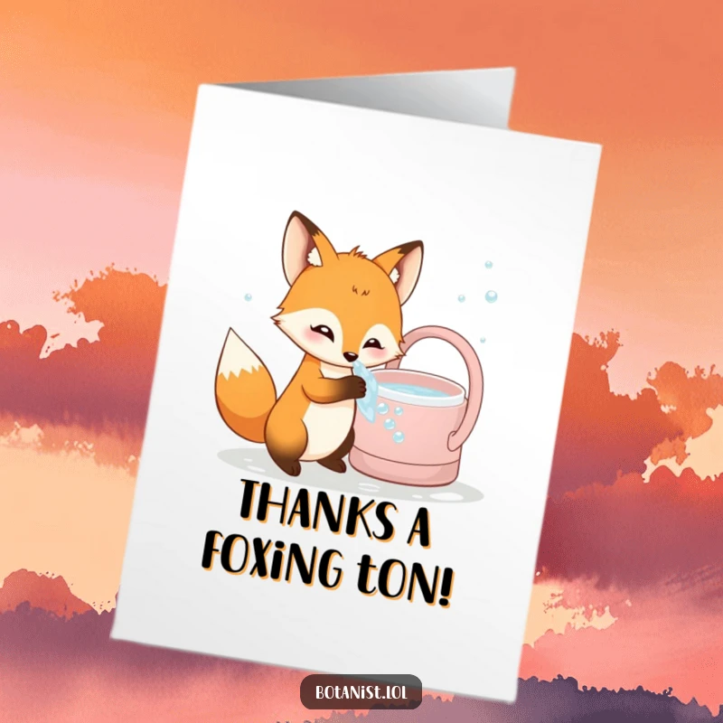 Funny free printable thank you card of a curious fox playing in bubbly water from a watering can, showing appreciation.