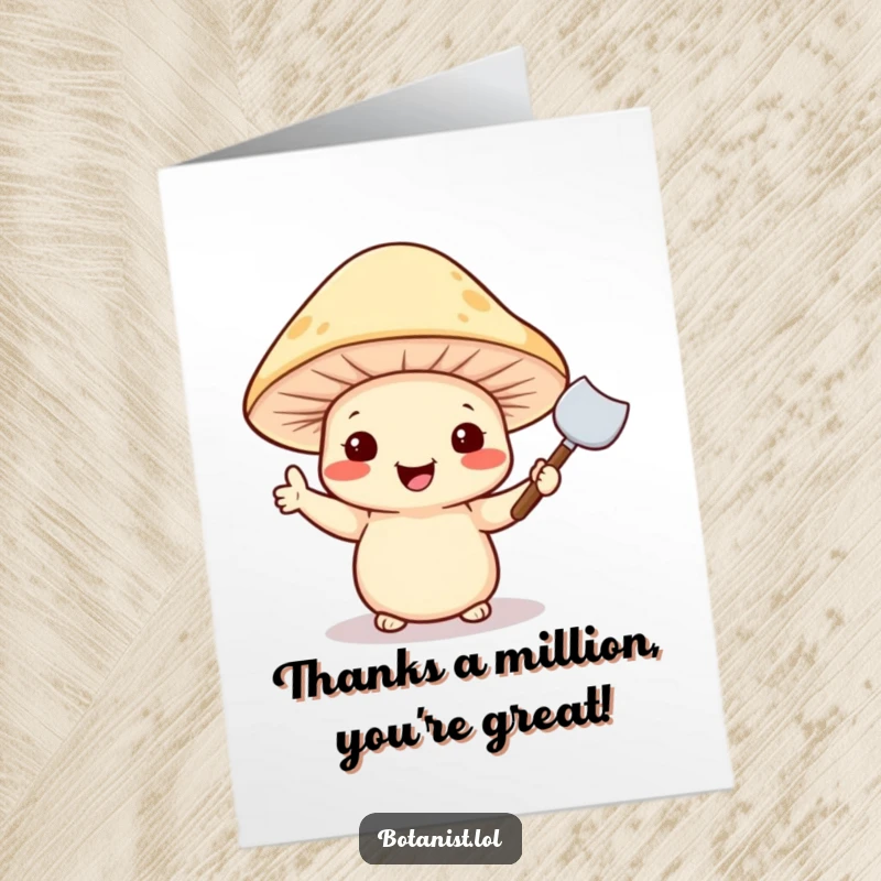 Funny Free Printable Thank You Card: A cheerful mushroom in a hat waves a tiny trowel, expressing thanks with a cute, gardening-themed gesture.