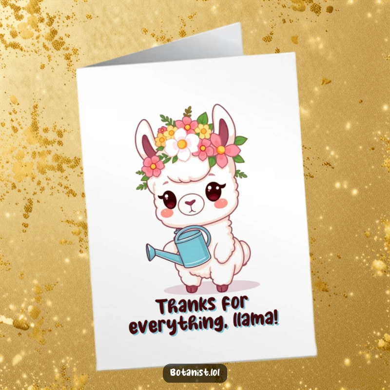 Funny Free Printable Thank You Card: Llama in a flower crown holds a watering can, a stylish DIY thank you.