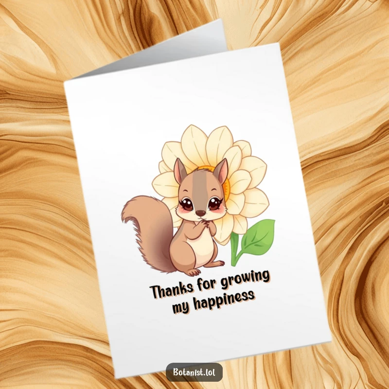 Funny Free Printable Thank You Card of a curious squirrel looking at a giant flower, conveying sincere thanks.