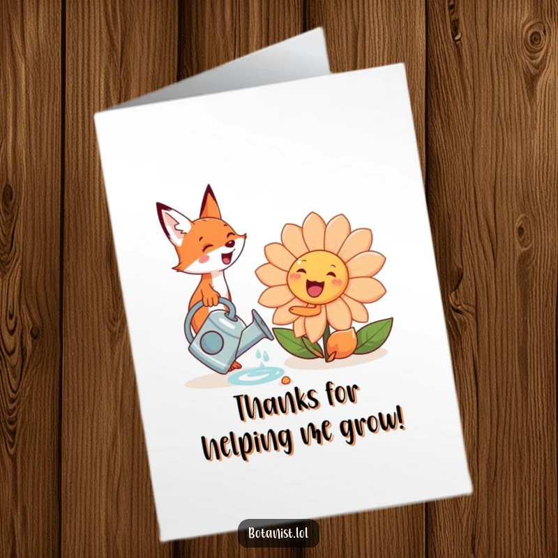 Funny Free Printable Thank You Card: A cute fox waters a giant, smiling flower with a tiny watering can, conveying heartfelt thanks.