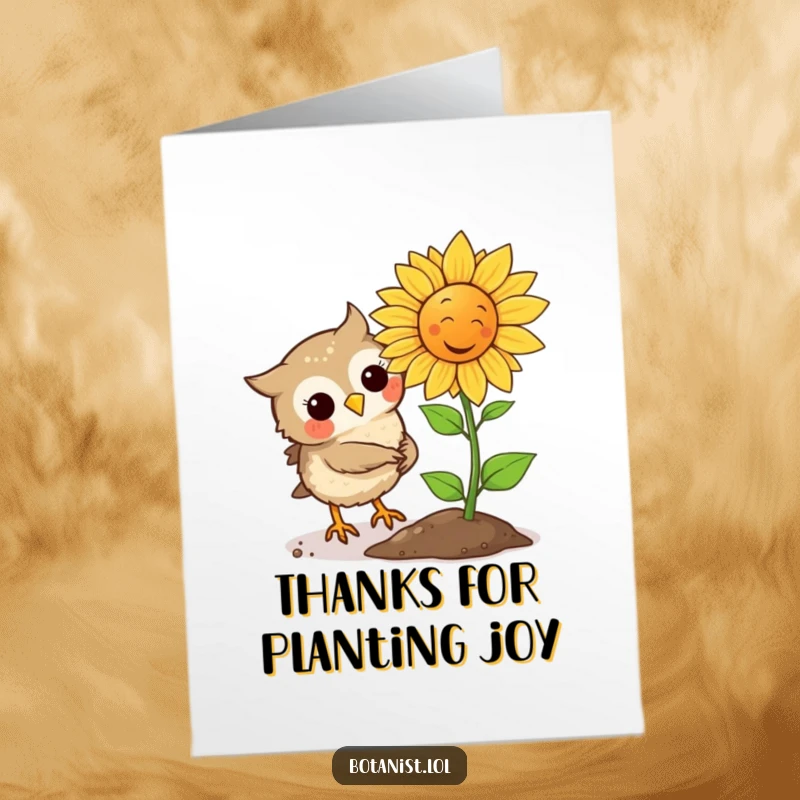 Funny Free Printable Owl Thank You Card: Owl's seed sprouts a laughing sunflower, expressing thanks with a touch of humor.