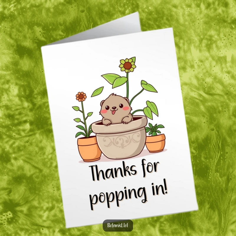 Funny free printable thank you card of a cheerful mole peeking from a giant plant, expressing gratitude.