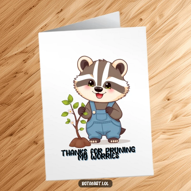 Funny Free Printable Badger Thank You Card: A happy badger prunes a small tree, offering thanks with rustic charm.