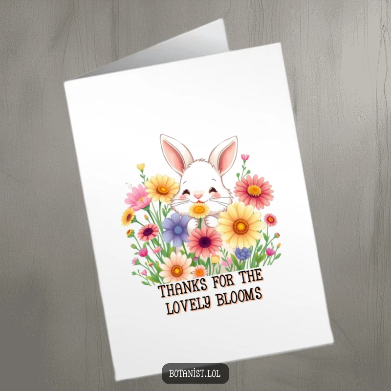 Funny Free Printable Thank You Card: Joyful bunny sniffing oversized colorful wildflowers, expressing thanks with nature, great DIY gift.