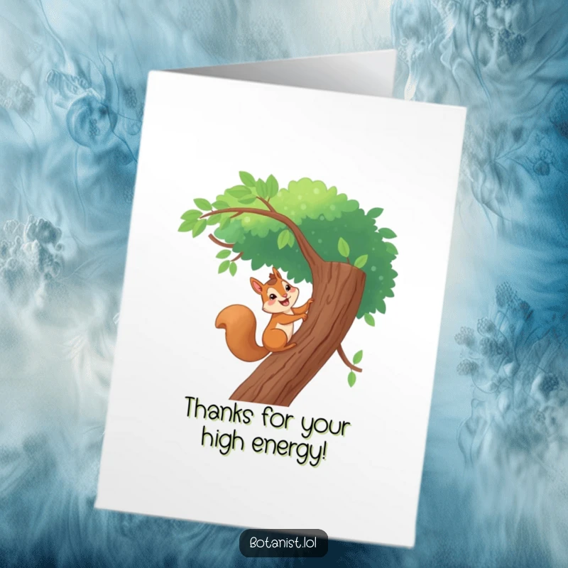 Funny Free Printable Thank You Card, a giggling squirrel perched on a tree branch, conveying thanks with a playful spirit.
