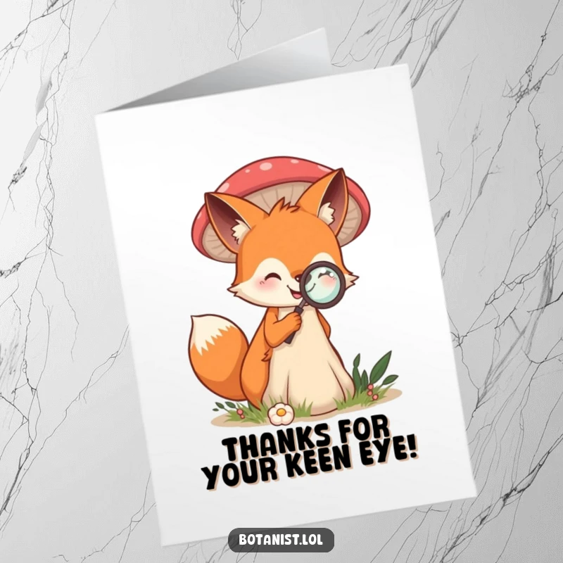 Funny Free Printable Thank You Card: Smiling fox examining a giant mushroom with a magnifying glass, expressing detailed thanks.