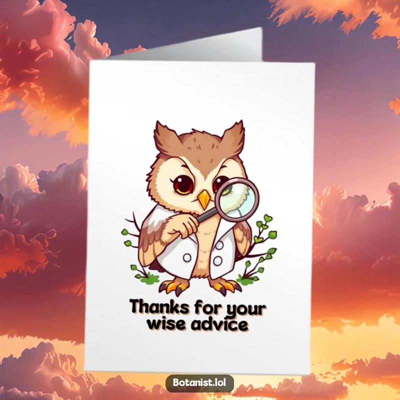 Funny Free Printable Thank You Card: An owl wearing a lab coat uses a magnifying glass to examine moss, a thankful gesture.