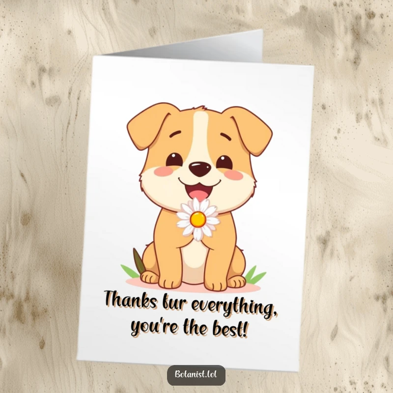 Funny Free Printable Thank You Card: A happy dog presents a daisy, conveying heartfelt gratitude with a sweet wagging tail.