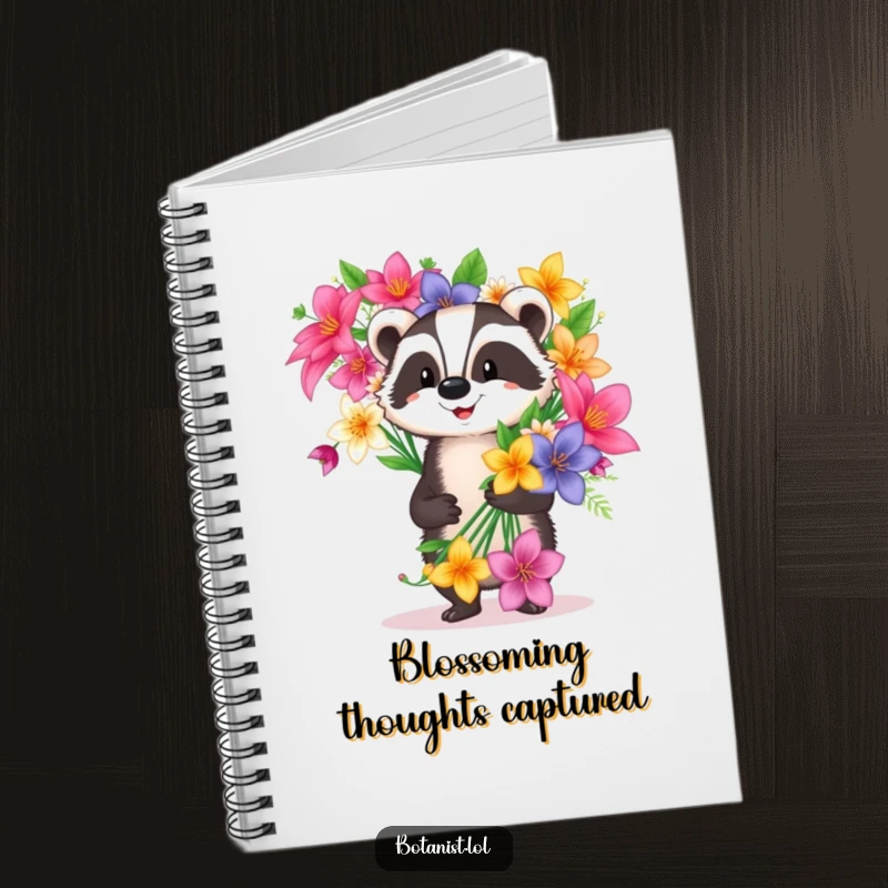 Funny happy badger notebook carrying a flower bouquet, offering space for floral notes and proud ideas.
