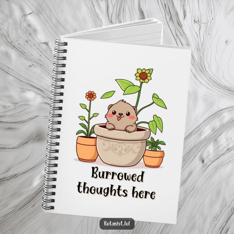 Funny cheerful mole notebook, emerging from a plant, offering space for humorous garden notes and ideas.