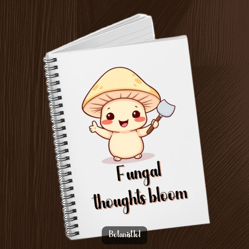 Funny notebook cover art of a cheerful mushroom wearing a hat and waving a tiny trowel, ready for jotting notes.