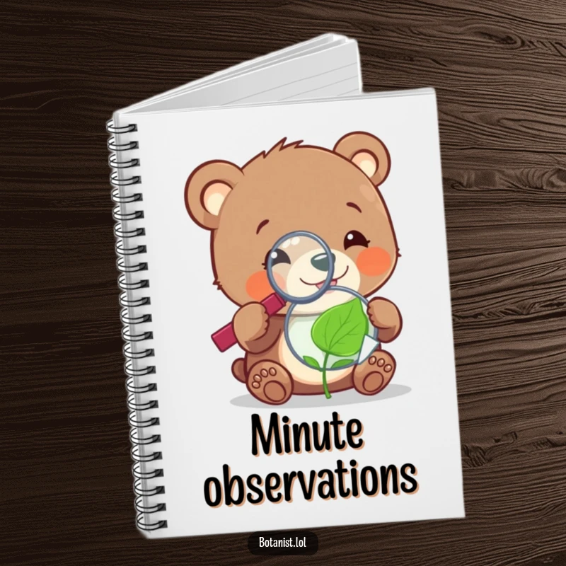 Funny cheerful bear cub with a magnifying glass, examining a tiny, sentient leaf, inspiring creativity in this funny notebook.