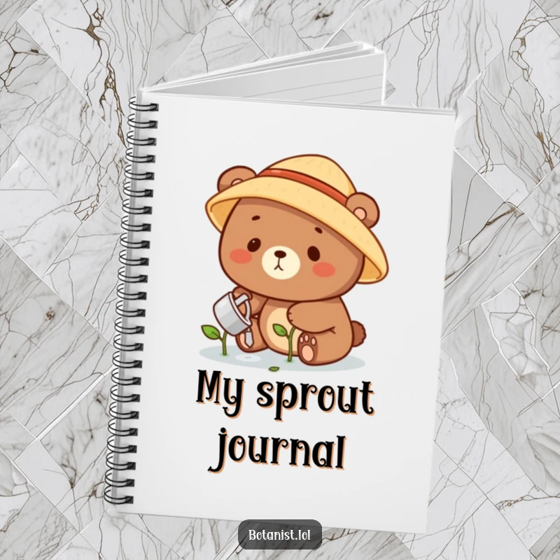 Funny bear gardener notebook showing a happy bear in a straw hat watering a tiny sprout, perfect for notes and doodles.