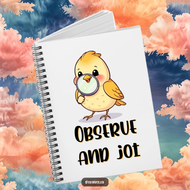 Funny bird inspecting a dewdrop with a magnifying glass, a notebook for capturing observations humorously.