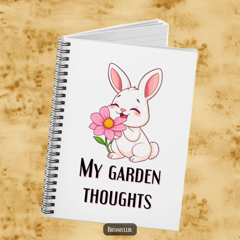 Funny notebook cover featuring a blissful bunny giggling while smelling a giant, vibrant flower, perfect for notes.