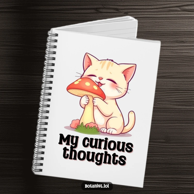 Funny notebook cover with a giggling cat gently touching a vibrant, glowing mushroom with curiosity.