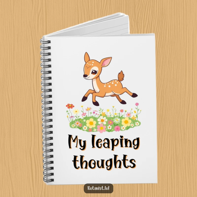 Funny Deer Notebook cover illustration of a graceful deer leaping over a bed of wildflowers, with sparkling, joyful eyes.